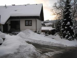 a house with a pile of snow in front of it at Ferienwohnung Sauerland Feeling in Olsberg +7 photos