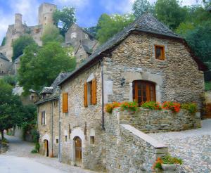 an old stone building with red flowers on it at Gite Belcastel -Village d’Exception in Belcastel +16 photos