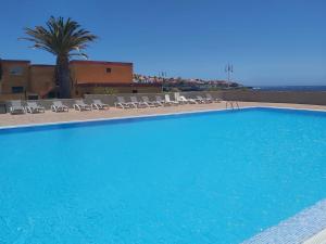a large blue swimming pool with chairs and a palm tree at casa agua y sol 2 in Poris de Abona