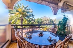 a balcony with a blue table and chairs and a palm tree at Studio Riviera de Bahia in Villeneuve-Loubet