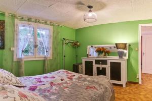 a bedroom with green walls and a bed and a mirror at Studio in Saint-Victor-de-Cessieu