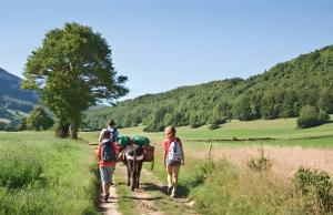 two people walking down a trail with a horse at Chambre Bleue - Ostau la Lutz in Saint-Germain-de-Calberte