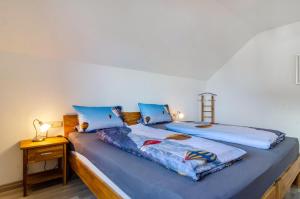 a bedroom with two beds with blue pillows at Arnold Laubbach in Ostrach