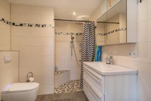 a bathroom with a toilet a sink and a shower at Ferienwohnung Tannenblick in Höchst +16 photos