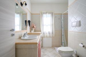 a bathroom with a sink and a toilet and a mirror at Foxi lioni in Tertenìa +16 photos