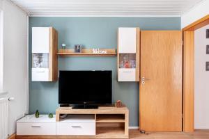 a living room with a tv and a wooden door at Auszeit Schwarzwald in Furtwangen