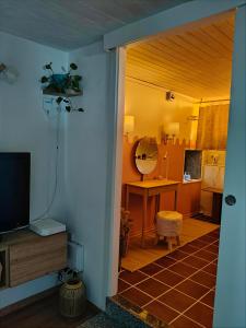 a room with a television and a table and a mirror at Casa Corral Bouzamayor in Valdoviño