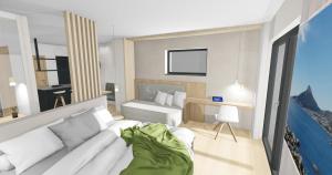 a rendering of a bedroom with a bed and a desk at Kardonighof Kaltern in Caldaro