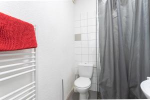 a bathroom with a toilet and a shower curtain at Le Béout rez-de-jardin in Lourdes +17 photos