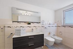 a bathroom with a sink and a toilet and a mirror at Reiselust in Stockach +21 photos