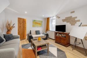 a living room with a couch and a tv at Les Écrins de Campan in Campan