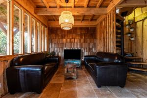 a living room with two leather couches and a television at Villa Chan-Ly in Lacanau