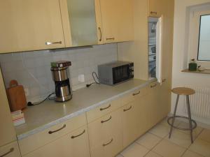 a kitchen with a counter top with a microwave at Ferienwohnung Kreuzbühl in Albstadt