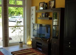 a living room with a tv and a entertainment center at Ferienwohnung Hasi 2 am Kurpark in Bad Frankenhausen