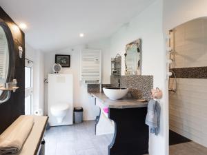 a bathroom with a sink and a toilet at Gite Atelier La Croix Blanche in Kermaria-Sulard