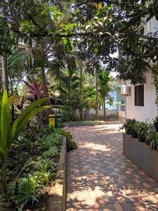 a walkway in a garden with trees and plants at shivkrupa Guest house in Arambol