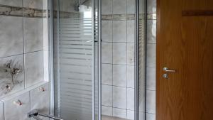a shower with a glass door in a bathroom at Sommergarten mit Winternutzung in Karlshagen +5 photos