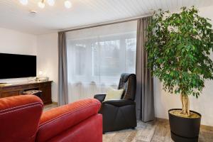 a living room with a red couch and a tree at Haus am Buck in Müllheim