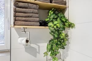 a green plant on a bathroom door with towels at Haus am Buck in Müllheim +59 photos