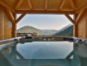 a view from the edge of a swimming pool with a view of a lake at Apartment Judith - Gallhof in Vollan