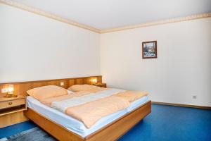 a bedroom with a large bed with a wooden headboard at Ferienwohnung 3 in Bernkastel-Kues