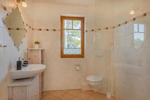 a bathroom with a sink and a toilet and a shower at Ferienwohnung Fisch in Loddin +26 photos
