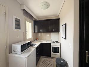 a small kitchen with black cabinets and a microwave at Maisonettes Athina in Chrysi Ammoudia