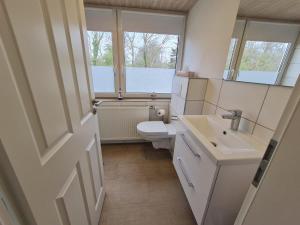 a bathroom with a toilet and a sink and window at Ferienwohnung Küstennest Vitzdorf in Fehmarn