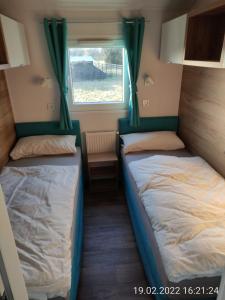 two beds in a small room with a window at Ferienhaus Concordia in Friedrichsaue