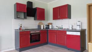 a kitchen with red cabinets and a red oven at Das Landhaus Wohnung 1 in Kirch Mulsow