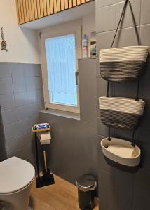 a bathroom with a toilet and a window at Auszeit zwischen Fellnasen in Bischofsgrün +31 photos