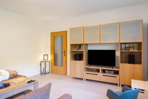 a living room with a large entertainment center with a television at Ferienwohnung Kleinbreitenbach in Plaue