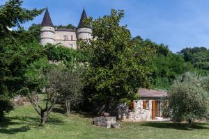 a castle sitting on top of a hill with trees at Les Sources Gîte calabert in Chambonas