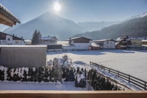 a snow covered village with a mountain in the background at Appartement Julia in Achenkirch