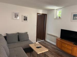 a living room with a couch and a flat screen tv at "Ivanera" Postira otok Brač in Postira