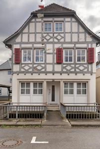 a house with red shutters on the front of it at Ferienwohnung Merlin in Ettenheim