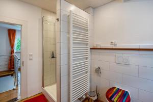a bathroom with a shower and a glass door at Ferienhaus S' Äckerle in Lauf +19 photos