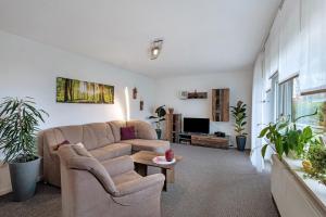 a living room with a couch and a tv at Naturoase Fichtelberg in Fichtelberg