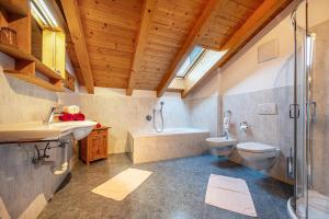 a bathroom with a toilet and a sink and a shower at Raffreiderhof Apt Fichte in Luson +37 photos