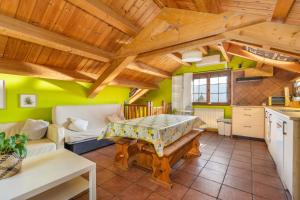a kitchen and living room with a wooden ceiling at Casa Pirinea in Belsierre