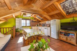 a kitchen with green walls and wooden ceilings at Casa Pirinea in Belsierre +14 photos