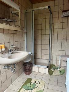 a bathroom with a sink and a shower at Gästehaus Schoch-Bächle in Bad Rippoldsau-Schapbach +9 photos