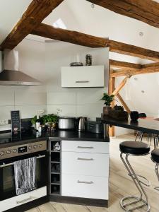 a kitchen with a stove and a counter top at Rosenzauber-Seeromantik in Weißenstadt +18 photos