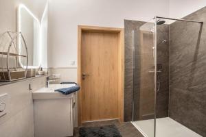 a bathroom with a shower and a sink at Haus Wiesenruhe in Seebach +22 photos