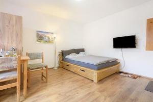 a bedroom with a bed and a desk and a tv at Ferienidyll Zwiesel in Zwiesel +12 photos