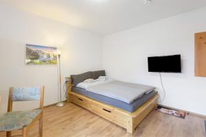 a bedroom with a bed and a flat screen tv at Ferienidyll Zwiesel in Zwiesel