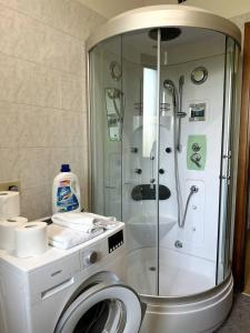 a bathroom with a shower and a washing machine at a due passi da Conegliano in Capo di Sotto