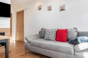 a living room with a gray couch with a red pillow at Balbeinhof Apt Gams in Luson