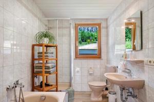 a bathroom with a sink and a toilet and a mirror at Ferienwohnung Ringwald in Niederbach +25 photos