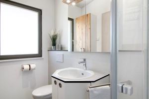 a bathroom with a sink and a toilet and a mirror at Ferienwohnungen Walz in Pfullendorf +44 photos